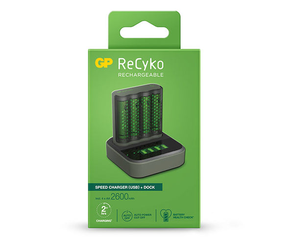 GP ReCyko Speed Charger Dock (USB) D451 and Speed Charger (USB) M451 with 4 x AA 2,600mAh NiMH Batteries