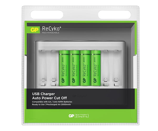 ✓ Pack chargeur USB GP ReCyko + 2 piles rechargeables 2100mAh AA couleur  Plusieurs couleurs en stock - 123CONSOMMABLES