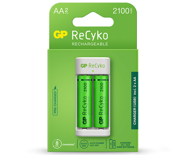 GP ReCyko 2-Slot E211 USB Charger (w/ 2's 2100mAh AA Batteries)