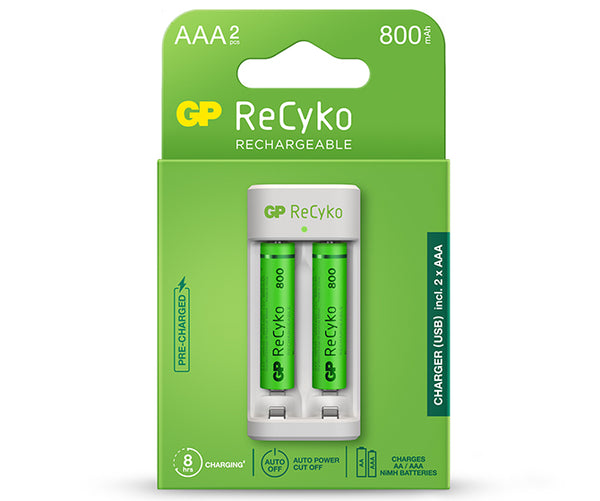 GP ReCyko 2-Slot E211 USB Charger (w/ 2's 800mAh AAA Batteries)