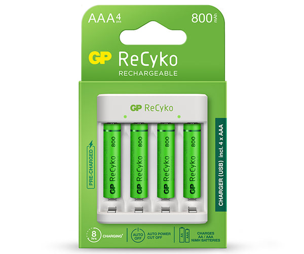 GP ReCyko 4-Slot E411 USB Charger (w/ 4's 800mAh AAA Batteries)